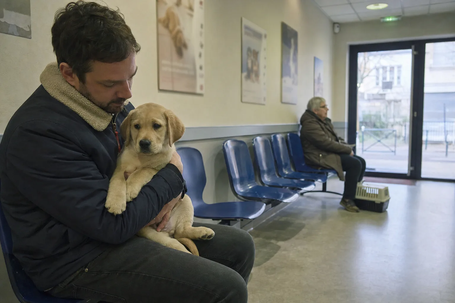Un homme assis dans une salle d’attente vétérinaire tient son chiot labrador sur ses genoux, une autre cliente patientant plus loin avec une caisse de transport