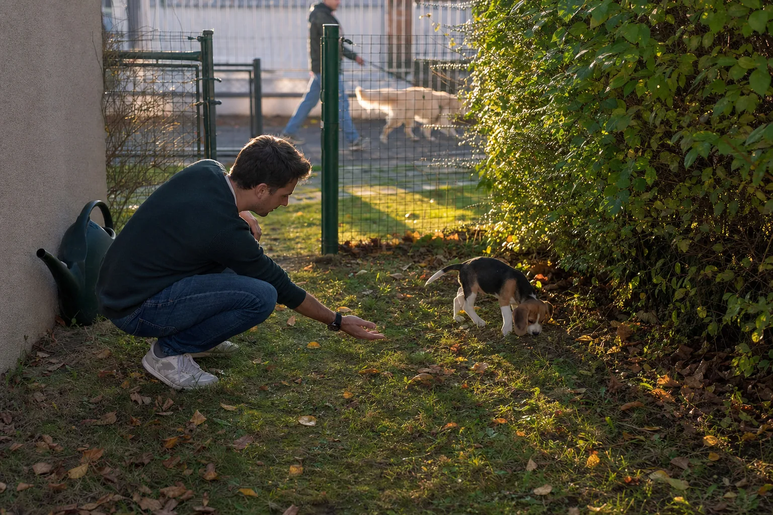 Dans le jardin clos d’un pavillon, un chiot beagle renifle l’herbe au pied d’une haie, sous l’œil d’un homme accroupi qui lui tend la main, pendant que derrière le grillage un passant promène un grand chien sur le trottoir.