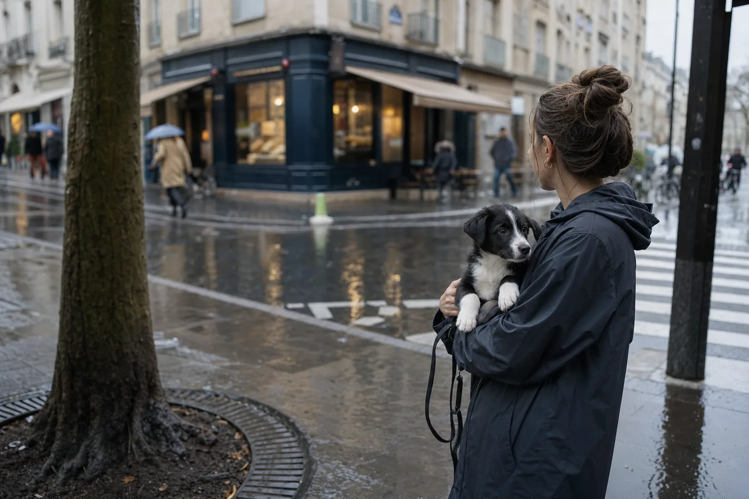 Sur un trottoir mouillé de centre-ville, une femme en imperméable tient dans ses bras un chiot noir et blanc en attendant de traverser, à côté d’un pied d’arbre grillagé.