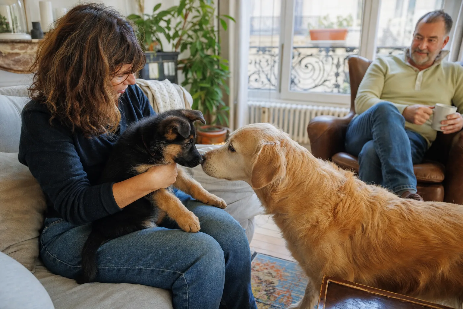 Dans le salon d’un appartement ancien, une femme assise sur le canapé tient un chiot berger allemand sur ses genoux pendant qu’un golden retriever adulte vient le renifler, sous le regard d’un homme qui boit un café dans un fauteuil.