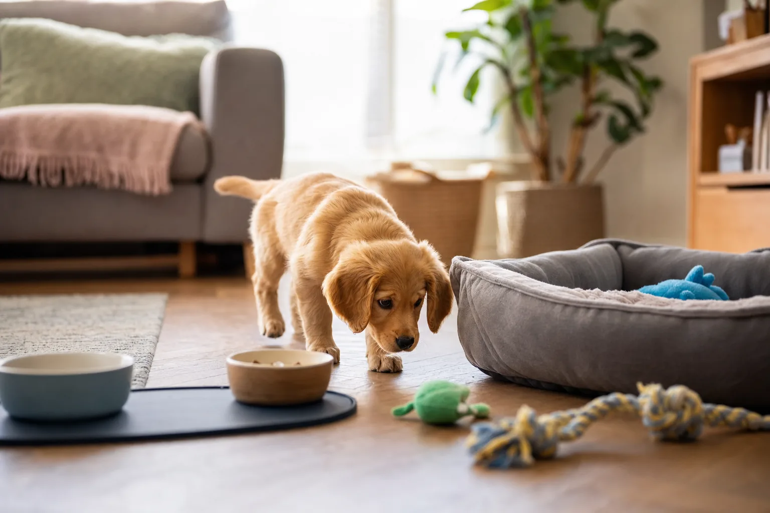 Chiot explorant un salon aménagé pour son arrivée