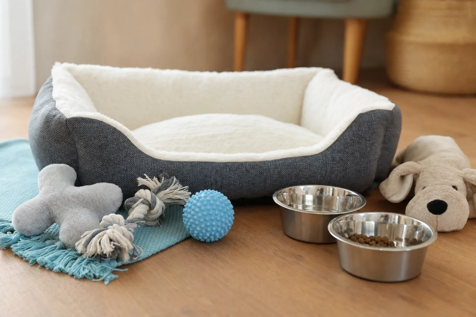 Panier, gamelles et jouets préparés pour un chiot