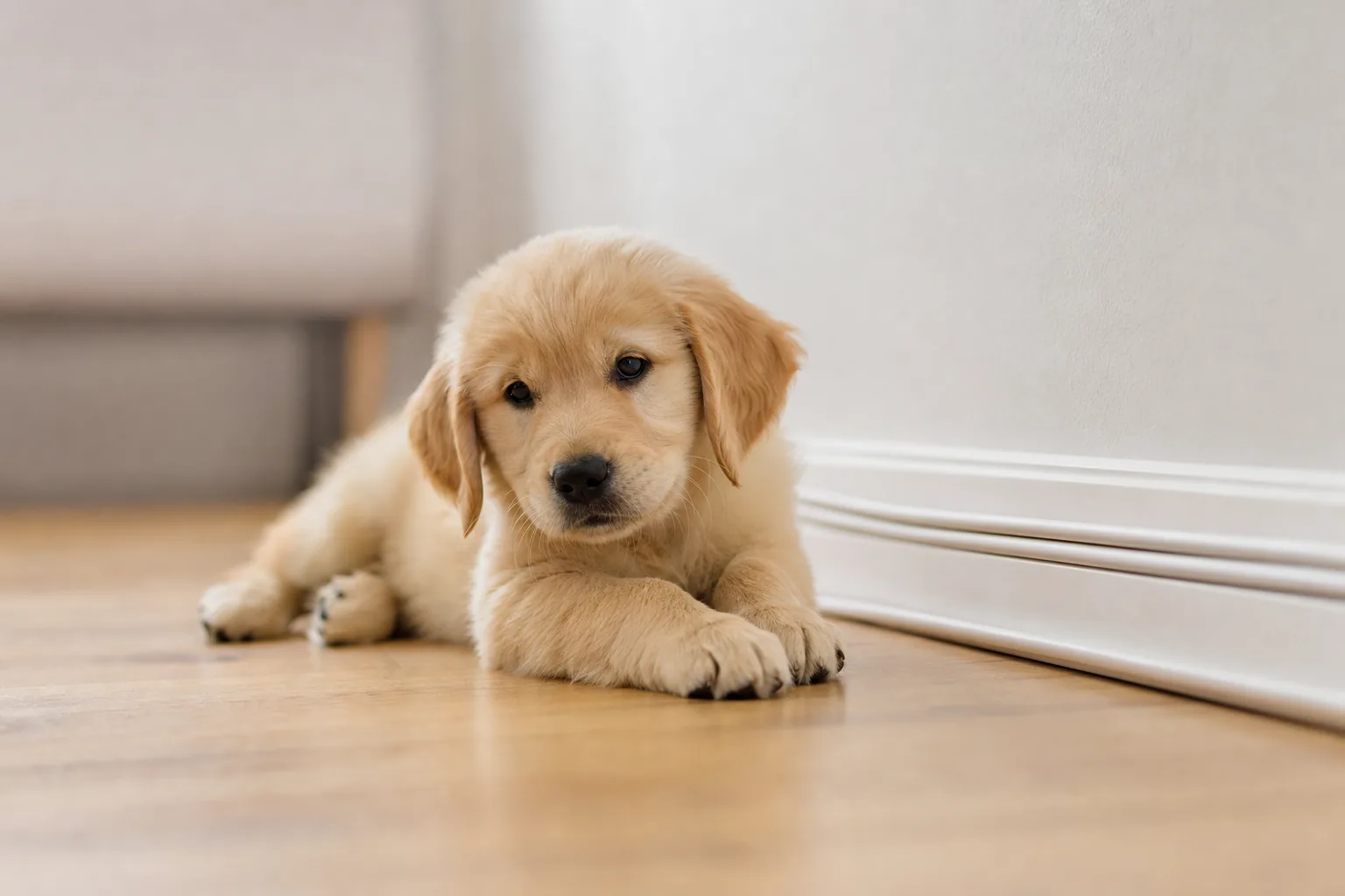 Câbles rangés le long d'une plinthe pour l'arrivée d'un chiot