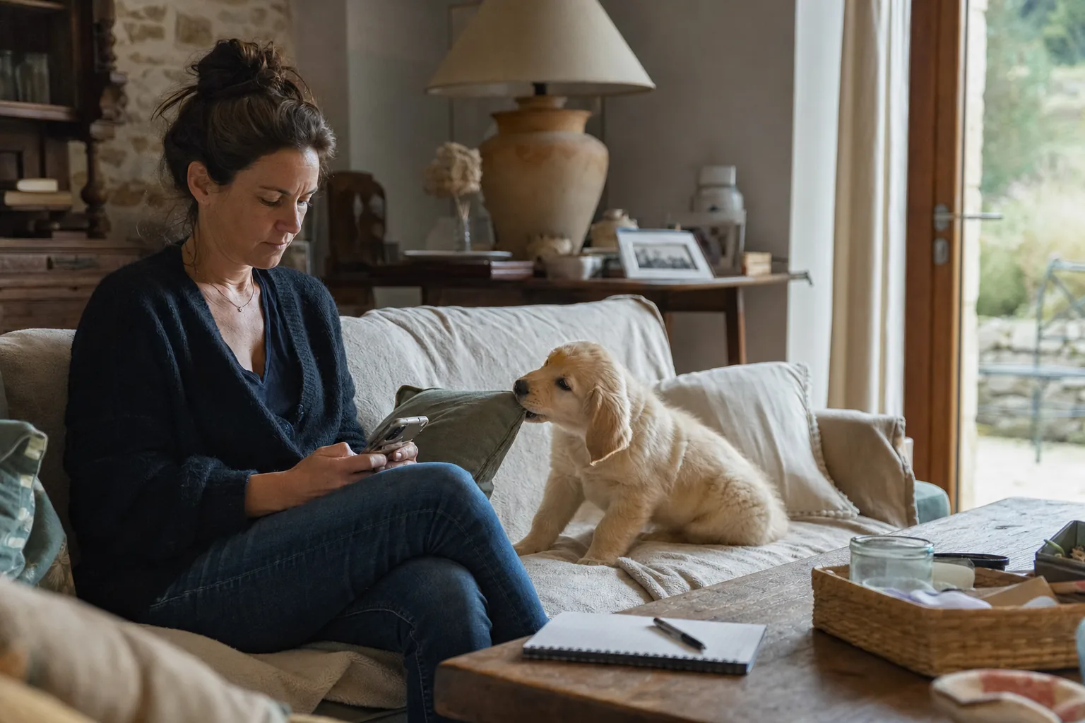 Assise sur le canapé d’un séjour, une femme consulte son téléphone pendant qu’un chiot golden retriever mordille le coussin posé à côté d’elle