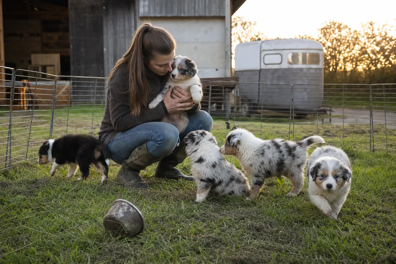 Dans la cour d’un élevage, une éleveuse accroupie tient un chiot berger australien bleu merle pendant que quatre autres chiots de la portée jouent autour d’elle