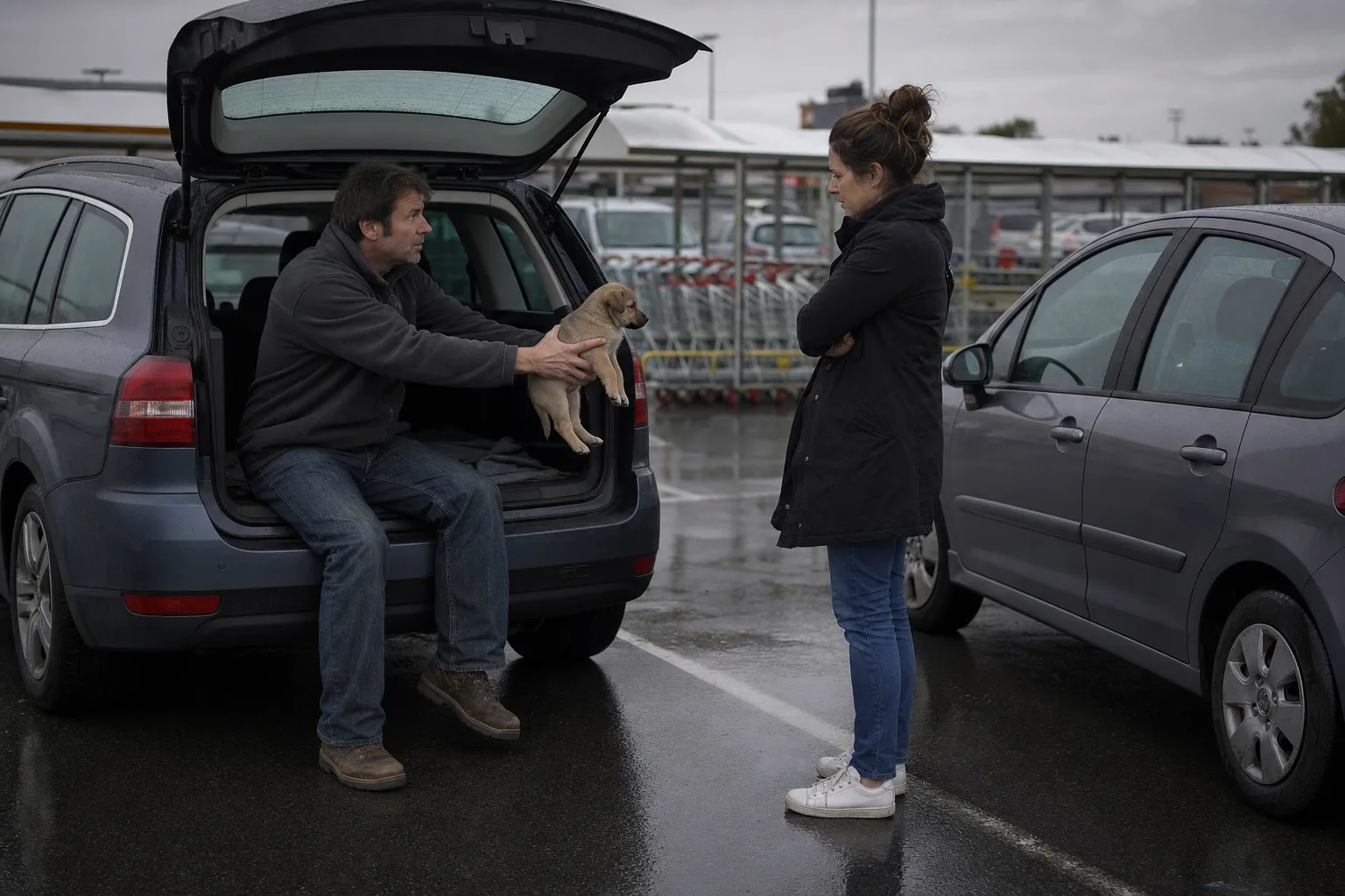 Sur un parking de supermarché sous la pluie, un homme assis dans son coffre ouvert tend un chiot à une femme qui l’observe les bras croisés