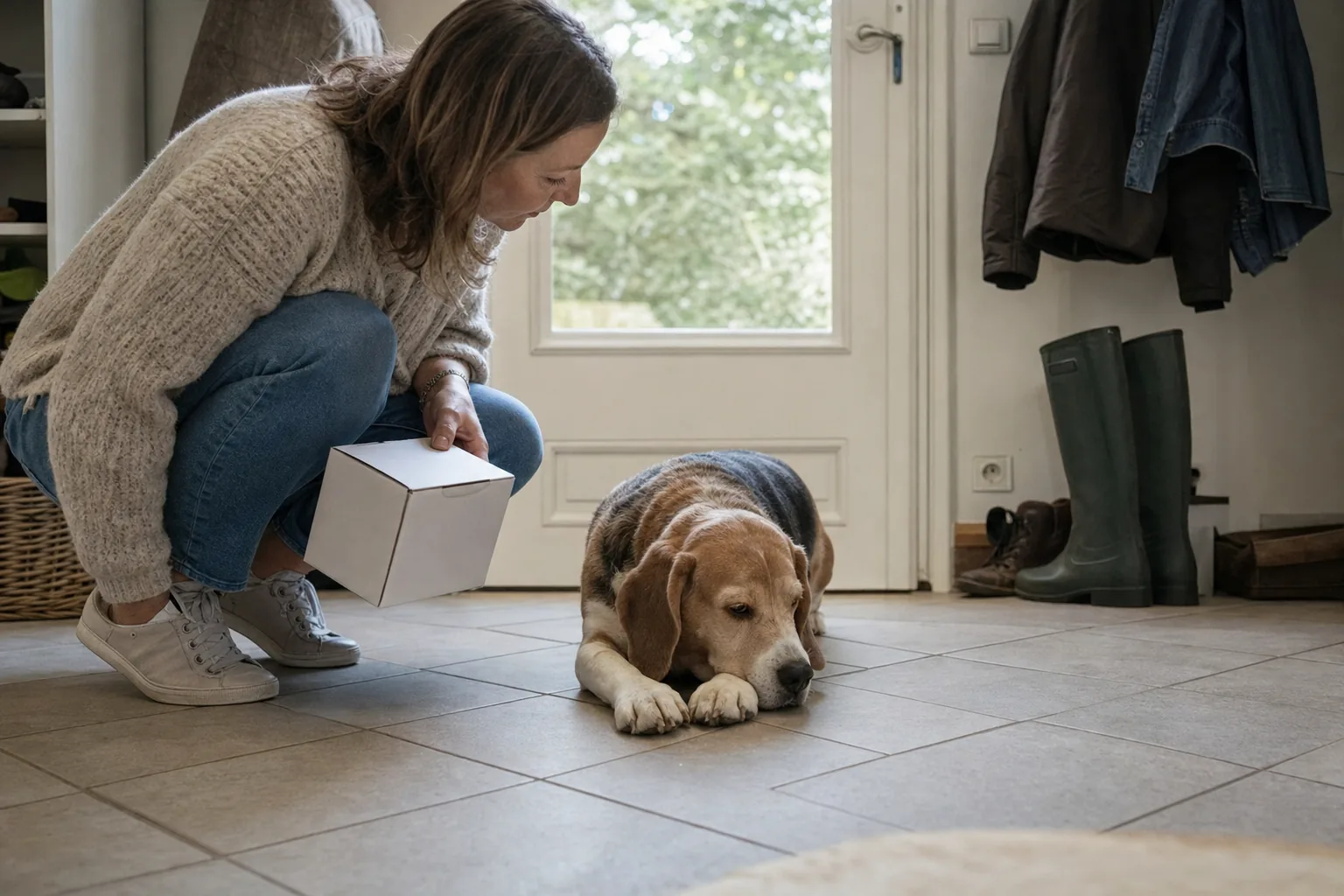 Femme accroupie dans l’entrée carrelée d’une maison, une petite boîte blanche à la main, près d’un beagle couché sur le carrelage, la tête posée sur les pattes