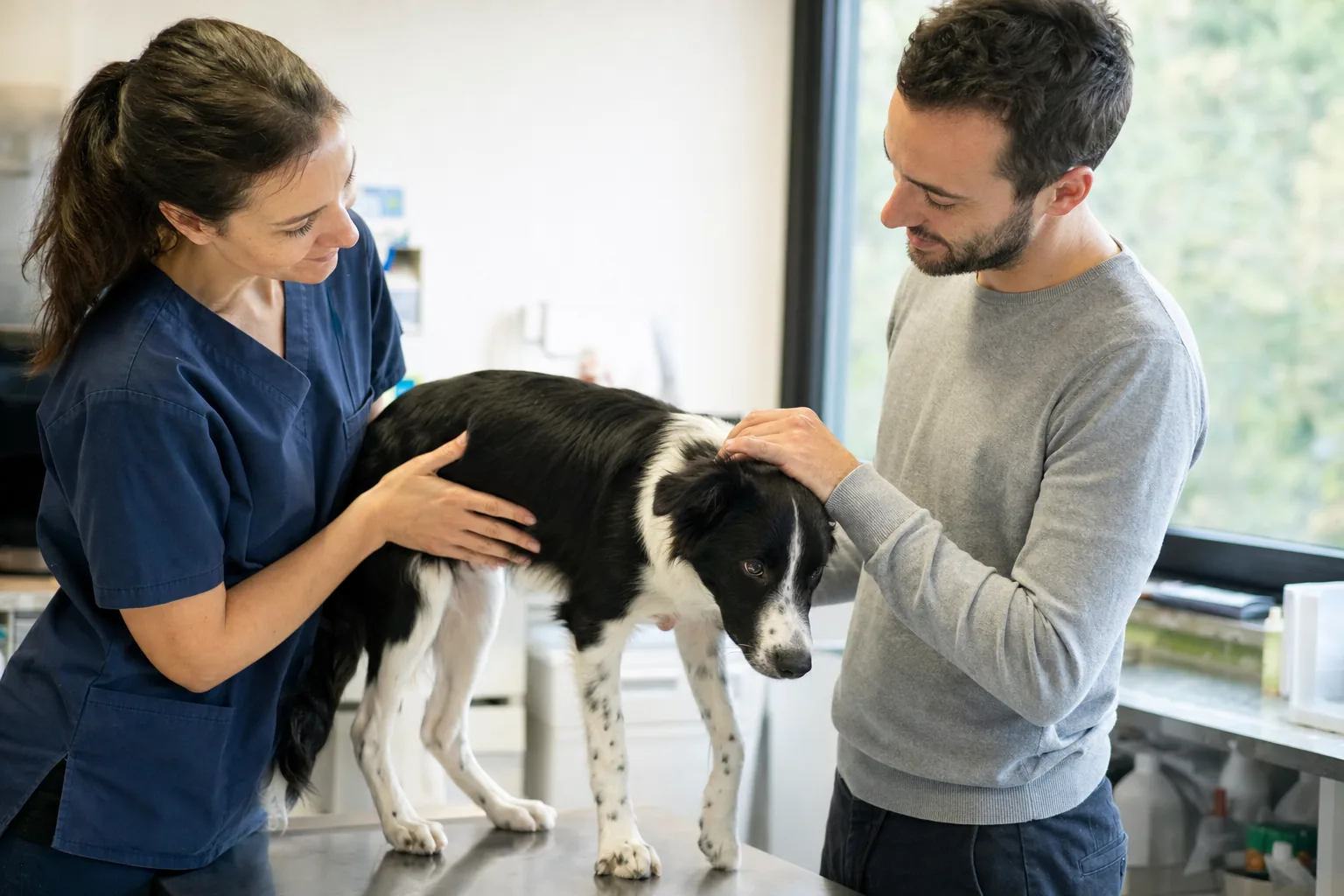 Vétérinaire en tunique bleu marine qui pose les mains sur le flanc d’un jeune border collie noir et blanc debout sur la table d’examen, pendant que son maître lui caresse la tête