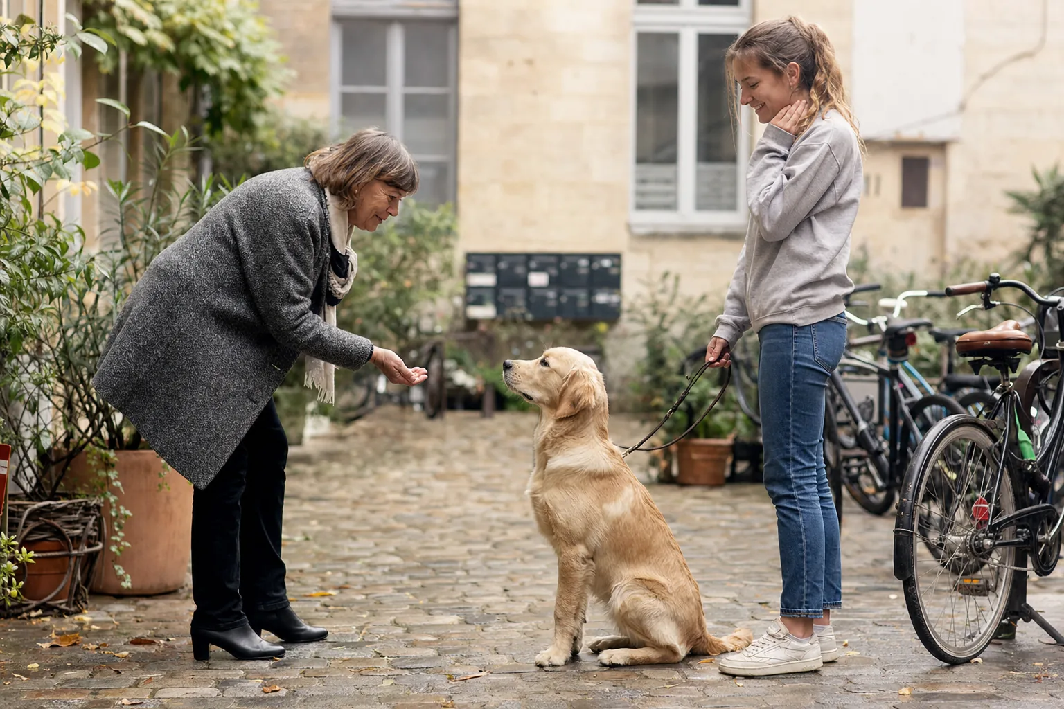 Dans la cour pavée d’un immeuble ancien, un jeune golden retriever assis bien droit lève les yeux vers une voisine en manteau gris qui lui tend la main, sous le regard amusé de sa jeune maîtresse qui tient la laisse, près des vélos garés contre le mur.
