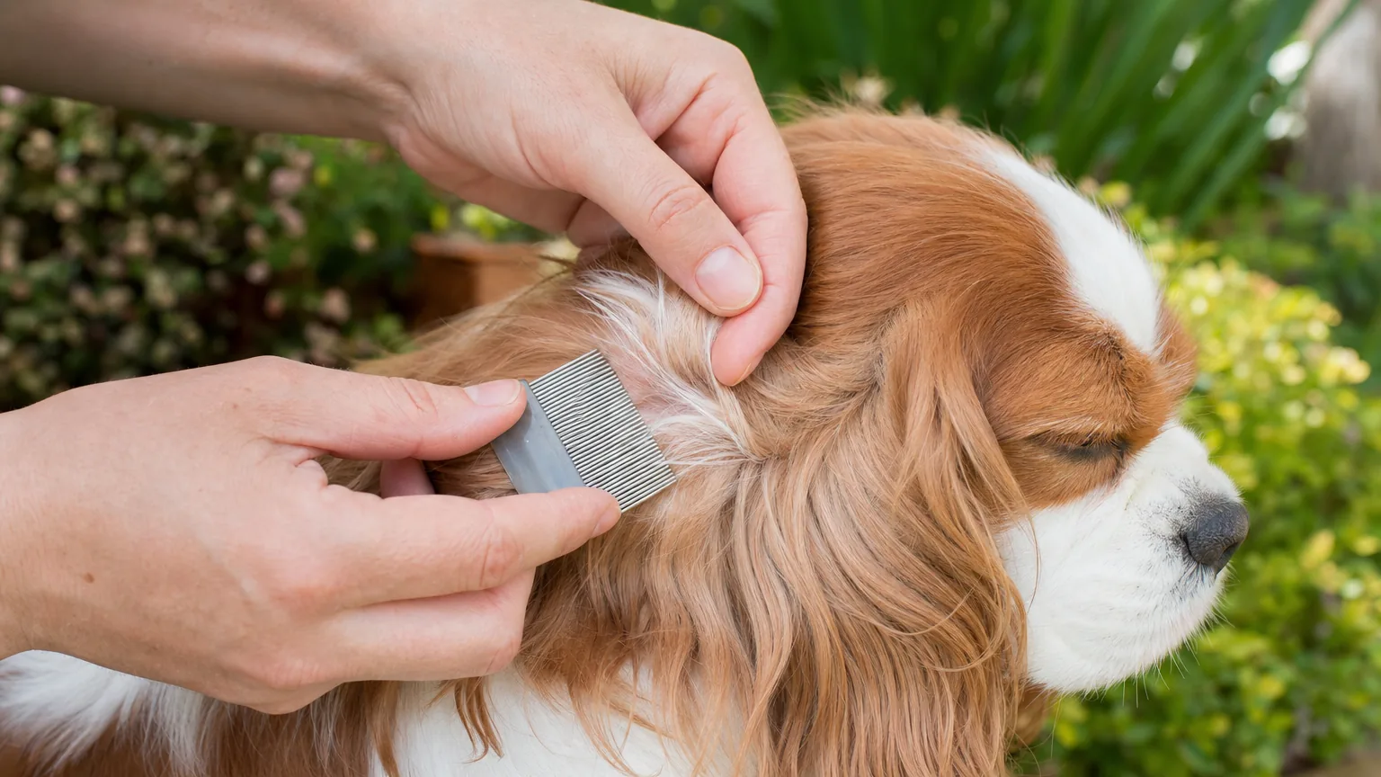 Inspection du pelage d'un cavalier king charles avec un peigne fin antipuces