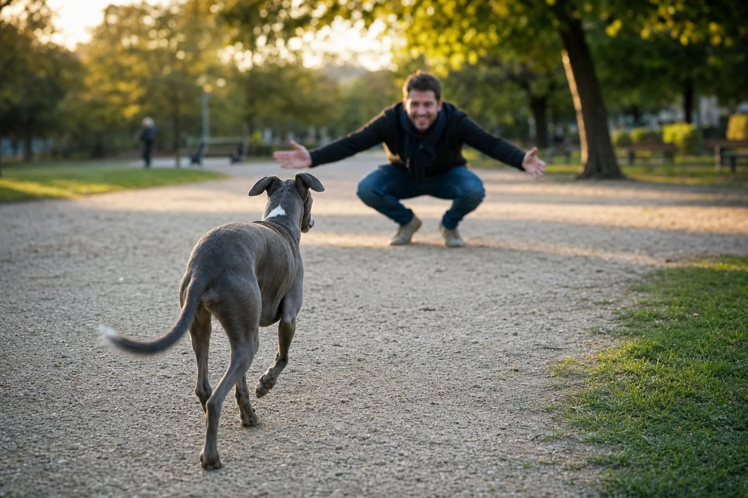 Sur une allée de parc, un whippet gris trotte vers un homme accroupi qui lui ouvre les bras, la queue basse en plein battement