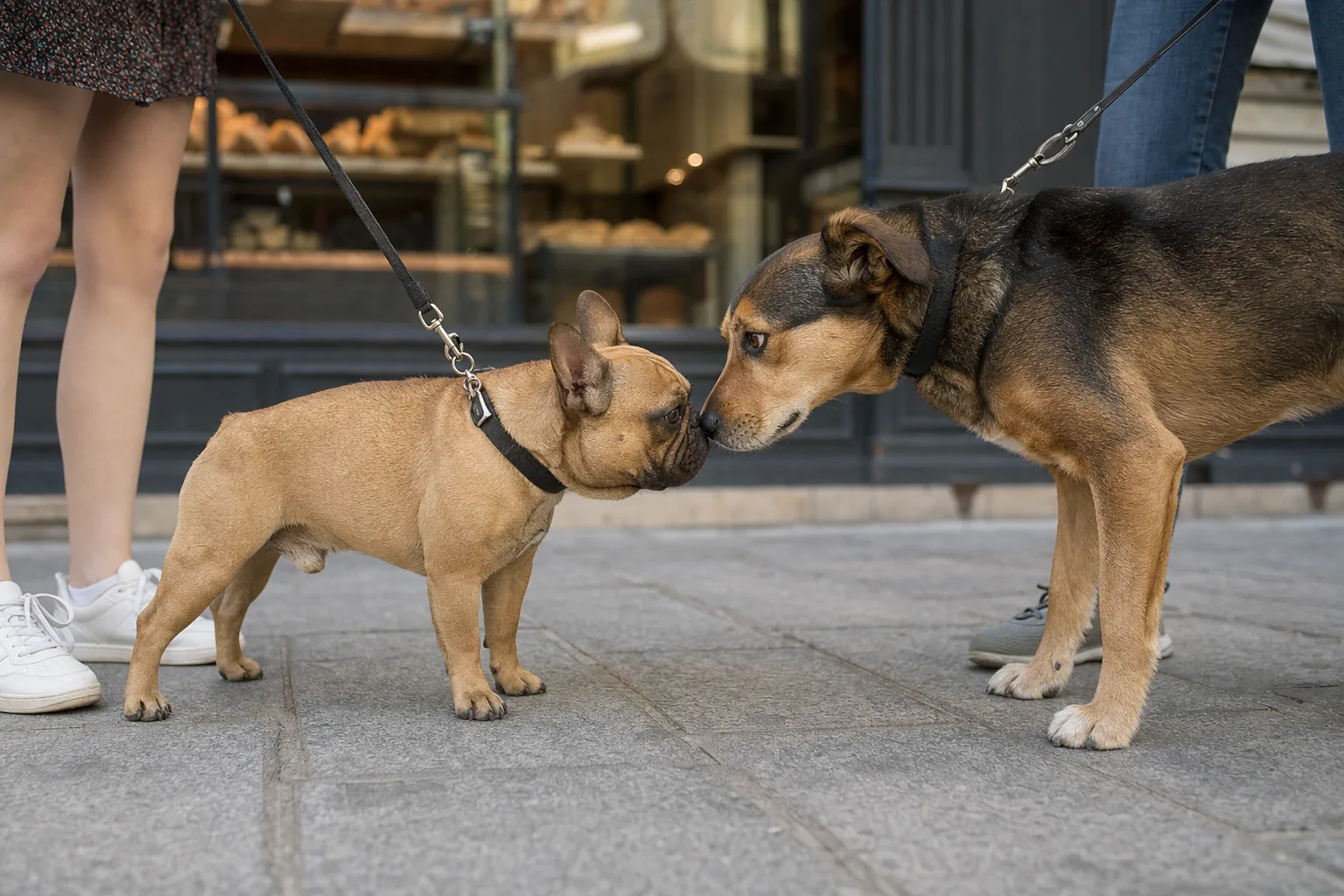 Sur un trottoir devant une boulangerie, un bouledogue français fauve tenu en laisse flaire le museau d’un chien croisé tenu par un autre passant
