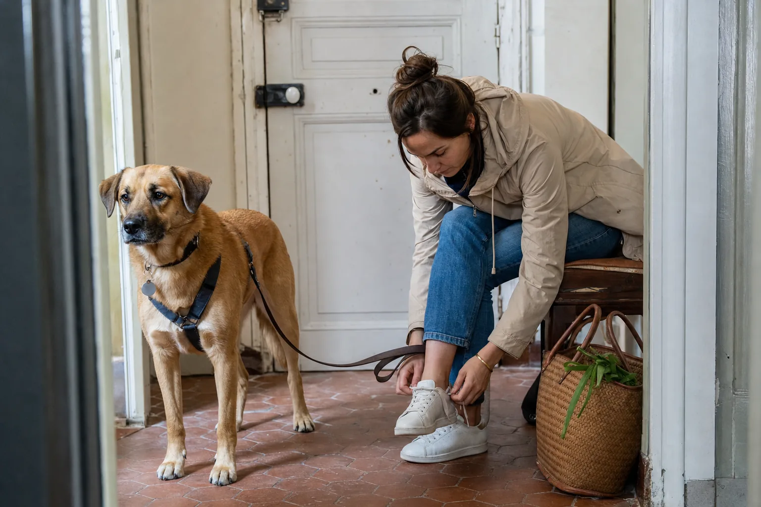 Une femme lace sa chaussure dans l’entrée d’un appartement, près de son chien fauve en harnais tenu en laisse