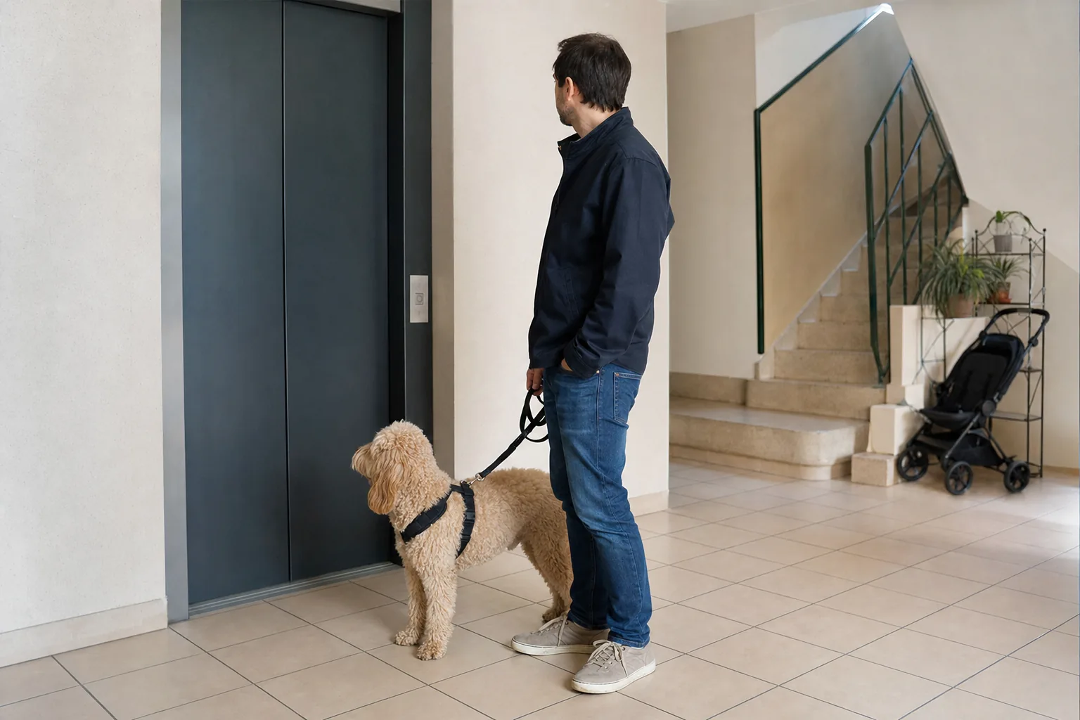 Un homme et son caniche abricot en harnais attendent devant un ascenseur fermé dans un hall d’immeuble