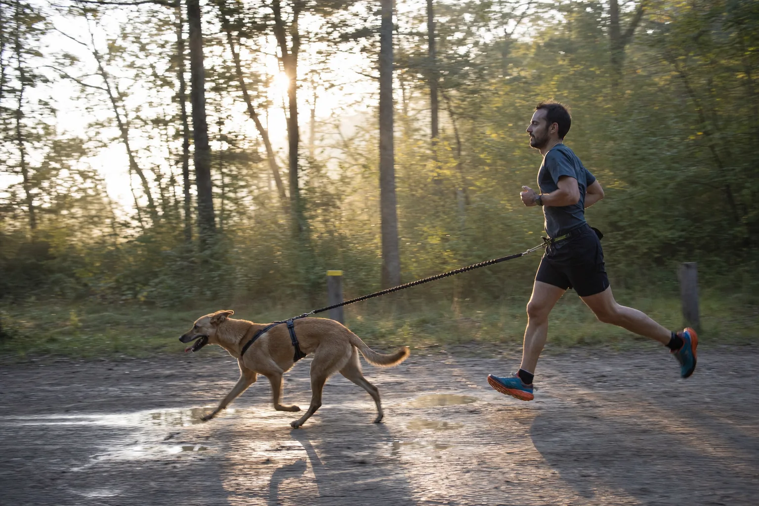 Un homme en tenue de course court sur un chemin forestier au lever du soleil, relié par une longe élastique à un chien croisé fauve