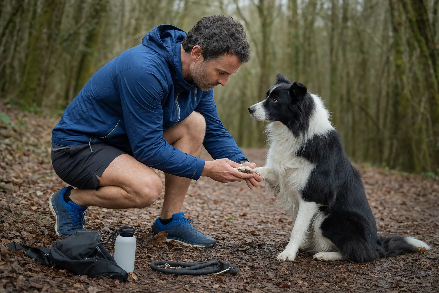 Un homme accroupi sur un sentier de sous-bois examine la patte avant d’un border collie noir et blanc assis face à lui