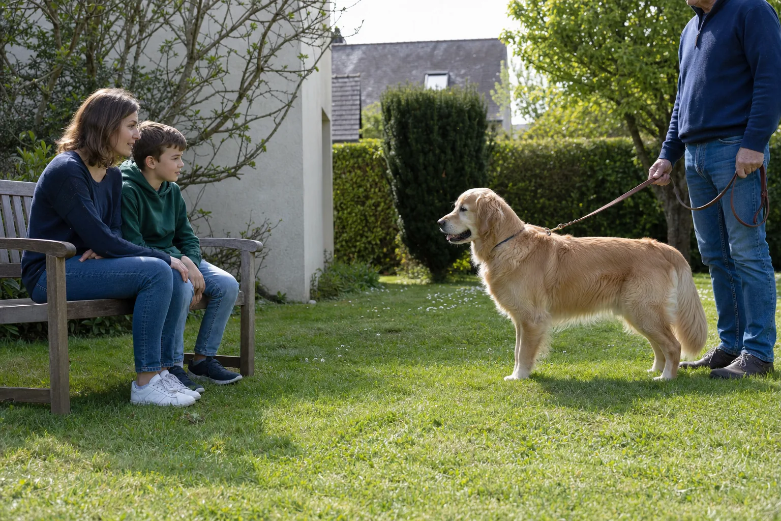 Un enfant et sa mère rencontrent un chien adulte dans un jardin, en gardant de la distance