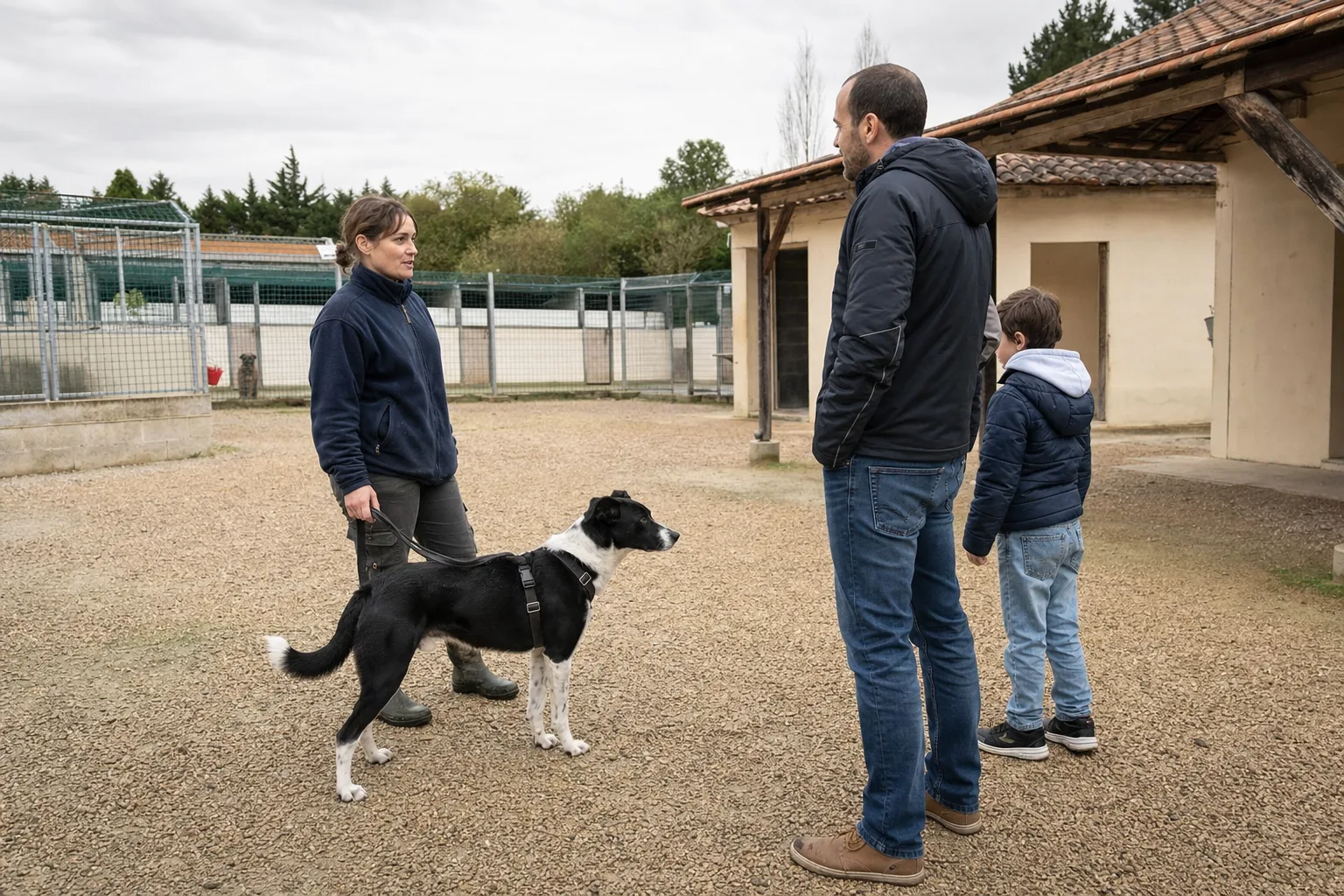 Un père et son enfant discutent avec une employée de refuge près d’un chien noir et blanc tenu en laisse