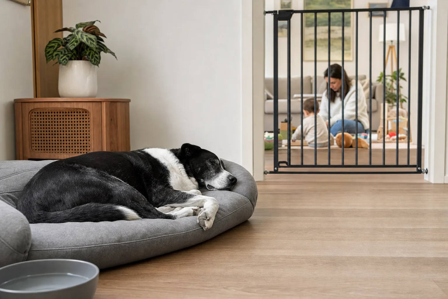 Un chien noir et blanc se repose dans une pièce séparée par une barrière de celle où une mère joue avec son enfant