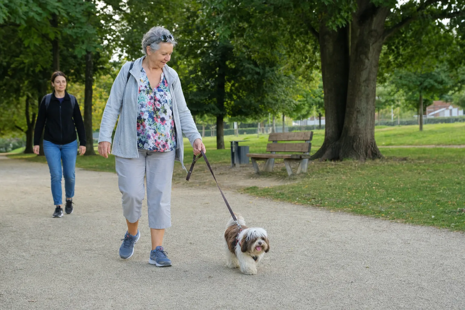 Une femme aux cheveux gris promène un petit chien brun et blanc dans un parc, avec une autre adulte en retrait