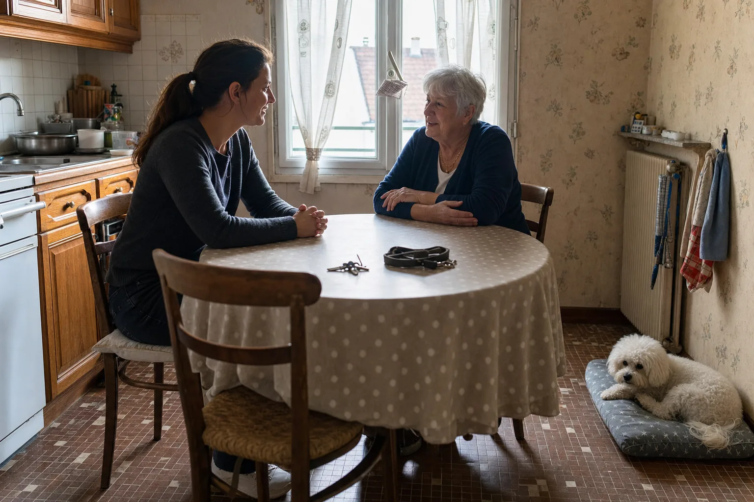 Deux femmes discutent dans une cuisine, près de clés et d’une laisse posées sur la table, tandis qu’un bichon blanc repose sur son coussin