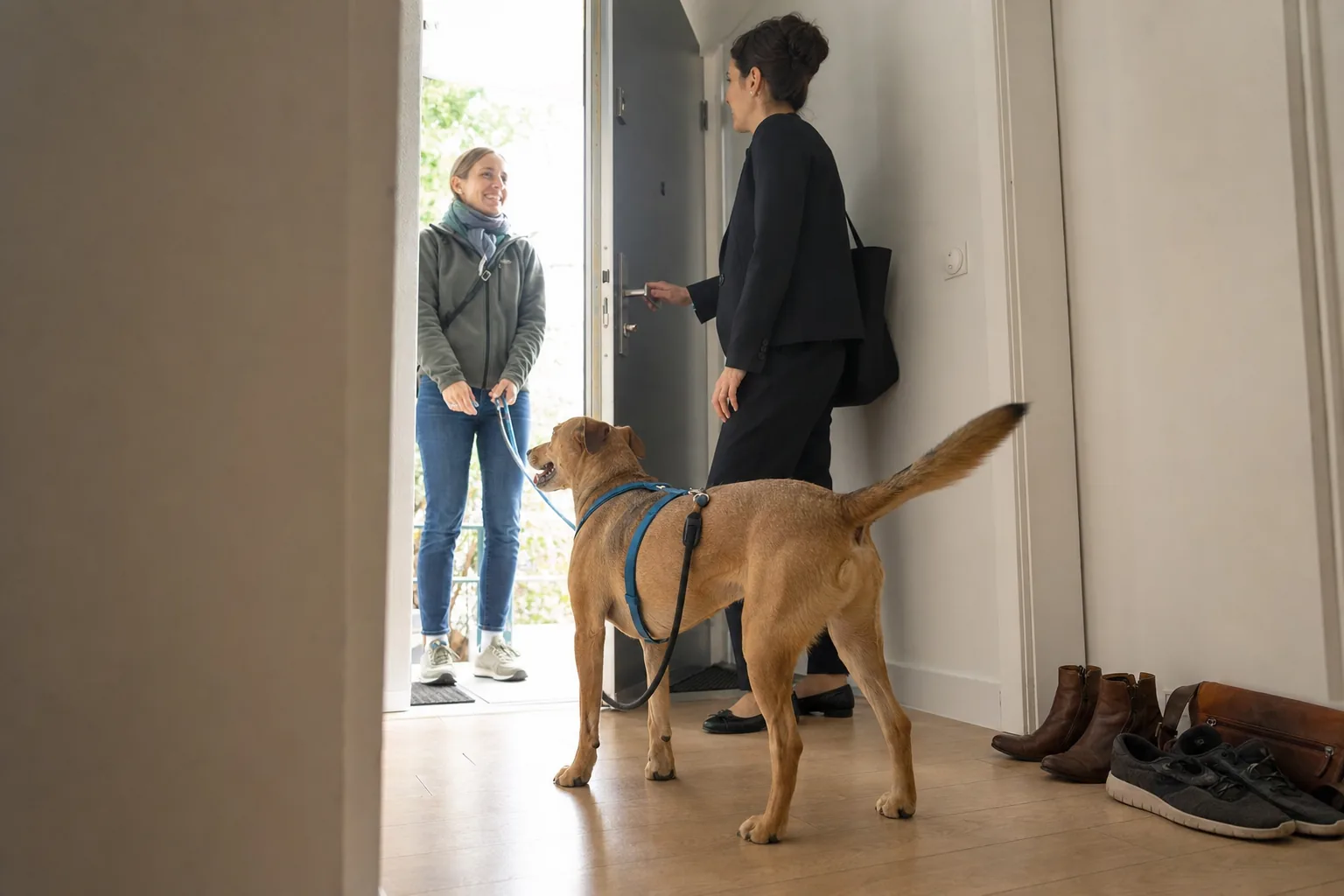 Une salariée accueille une promeneuse au seuil de son appartement, près de son chien fauve en harnais bleu