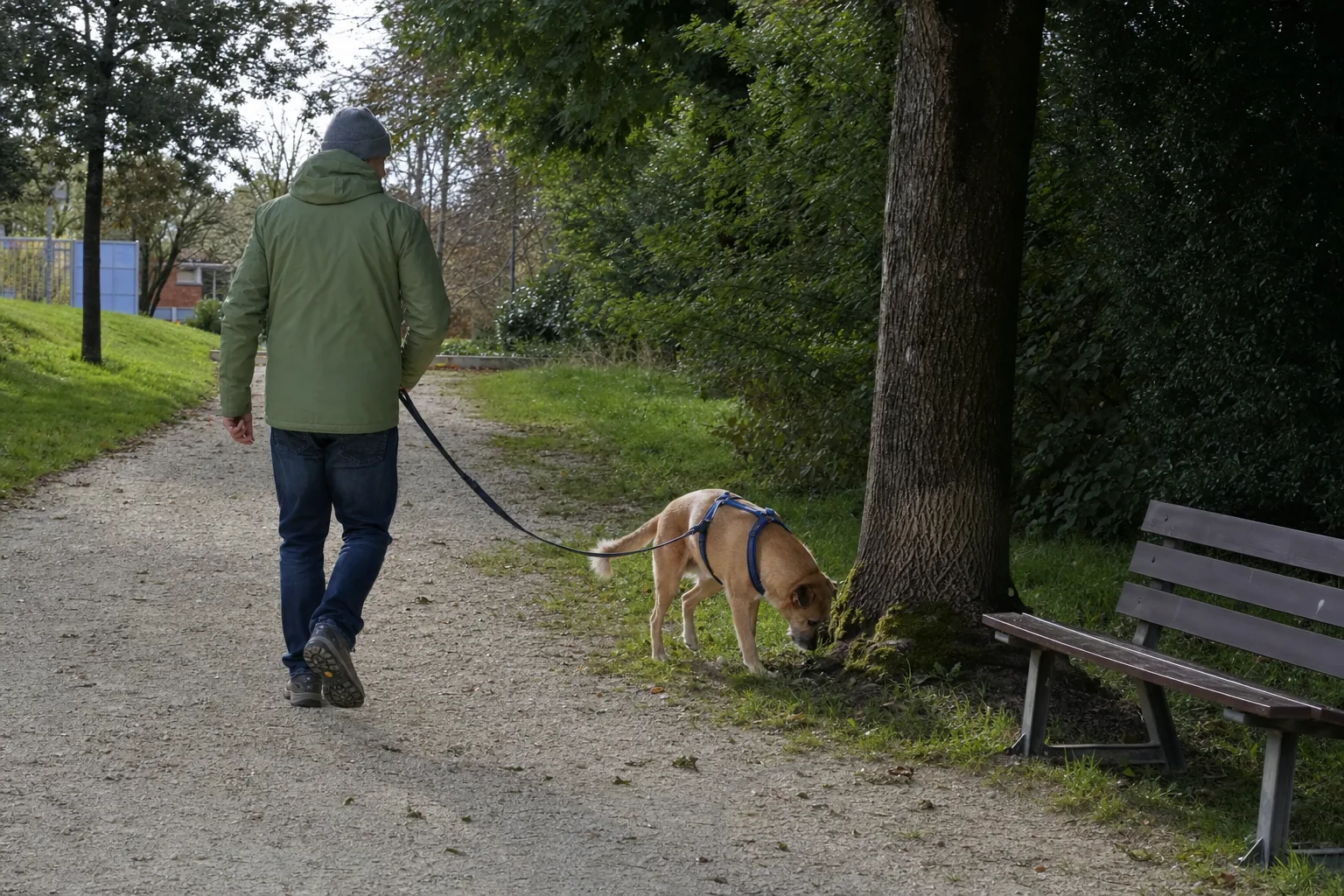 Un promeneur accompagne un chien fauve qui renifle un arbre dans un parc, tenu par une laisse détendue