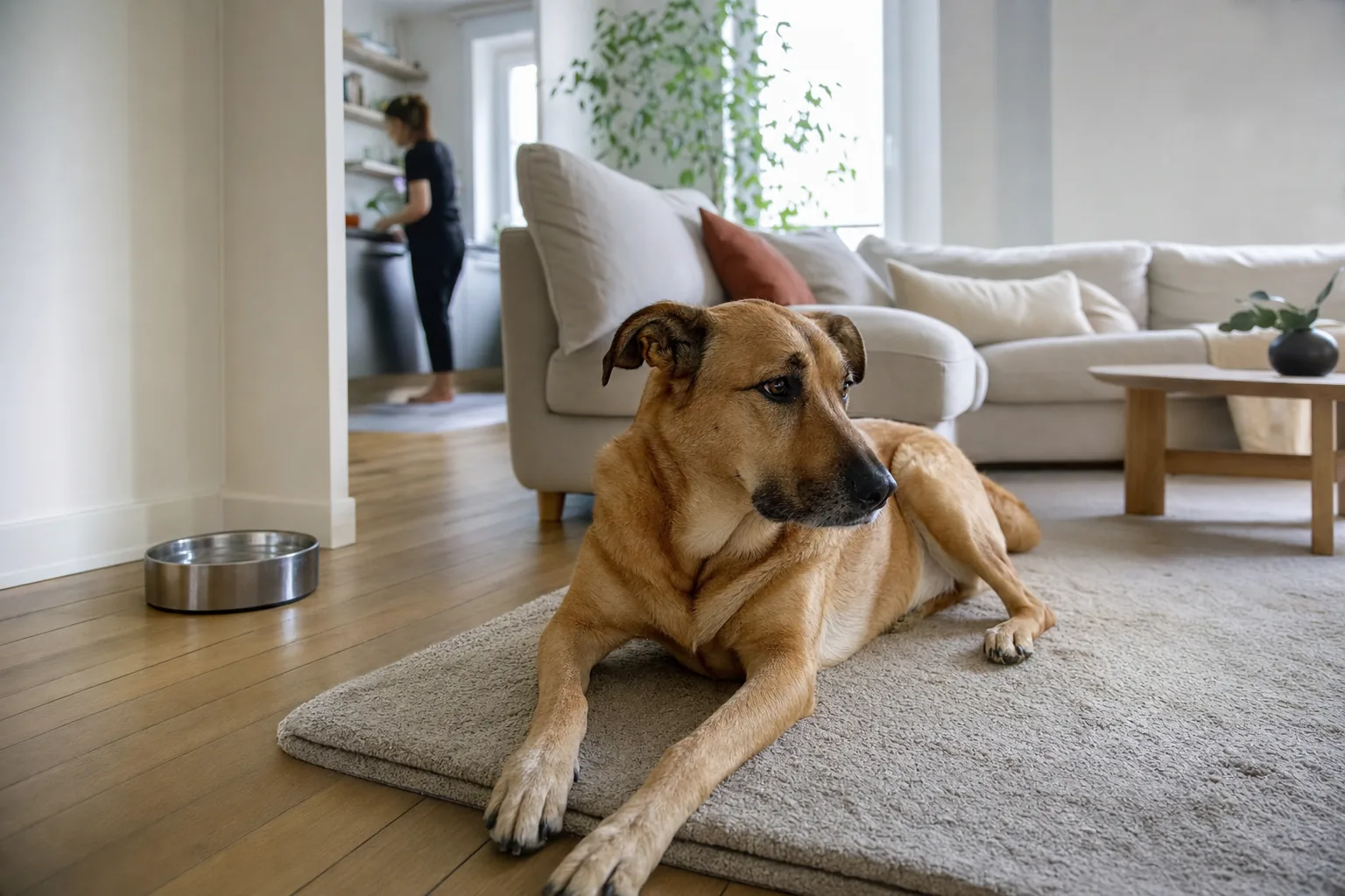 Un chien fauve se repose sur son tapis dans un salon, avec une adulte dans la pièce voisine