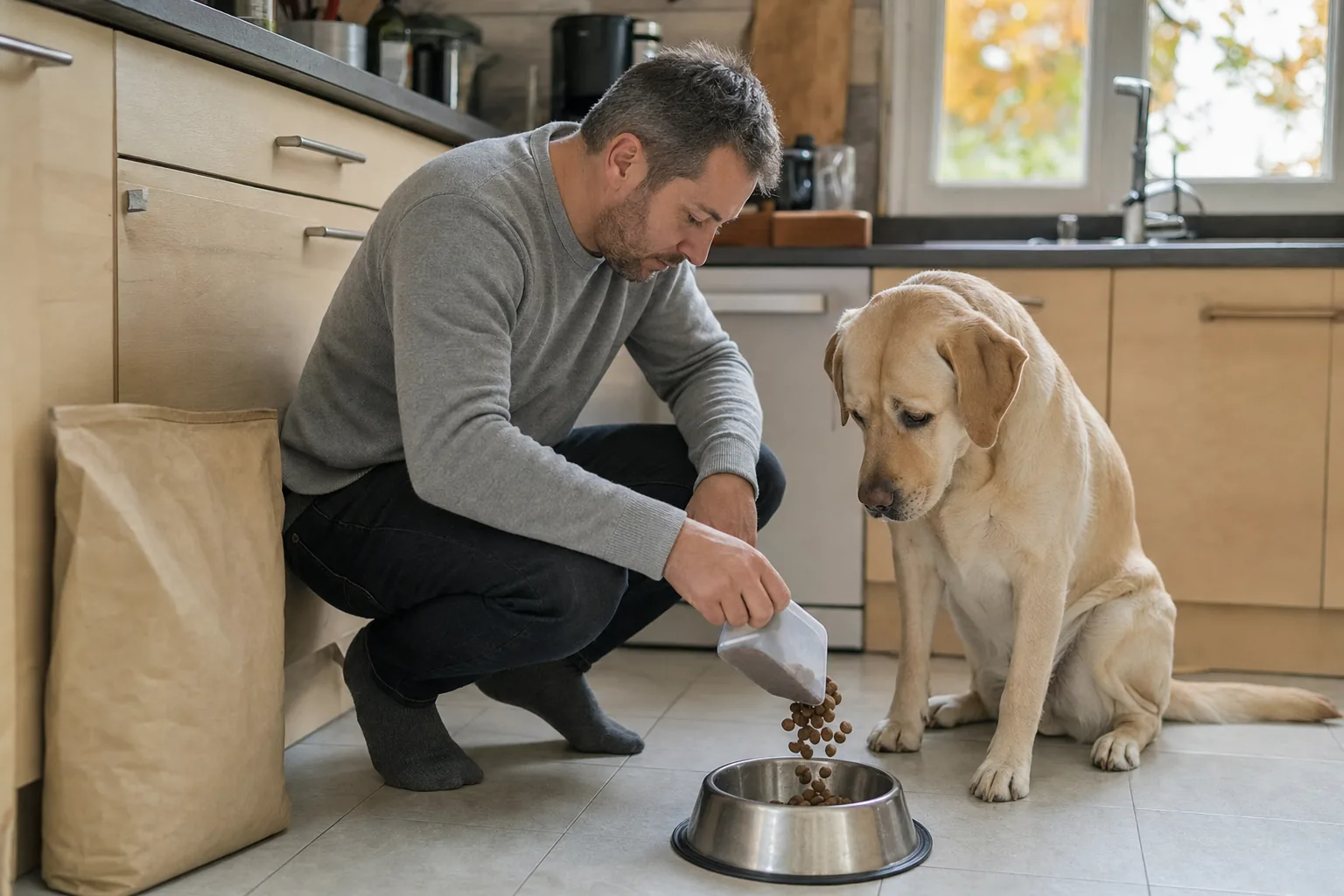 Homme accroupi dans la cuisine d’un pavillon qui verse des croquettes avec une pelle doseuse dans une gamelle en inox, un labrador sable assis à côté qui regarde la gamelle