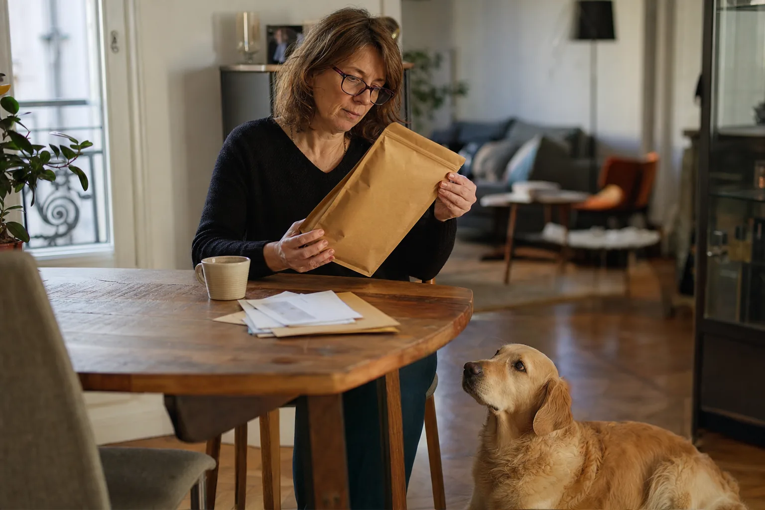 Femme à lunettes assise à la table de la salle à manger d’un appartement, qui tourne un sac kraft uni pour en lire le dos, un golden retriever couché à ses pieds qui la regarde