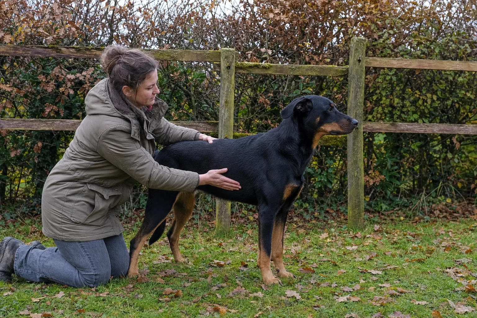 Femme agenouillée dans l’herbe d’un jardin en automne qui passe les mains à plat sur les flancs d’un beauceron noir et feu pour sentir ses côtes