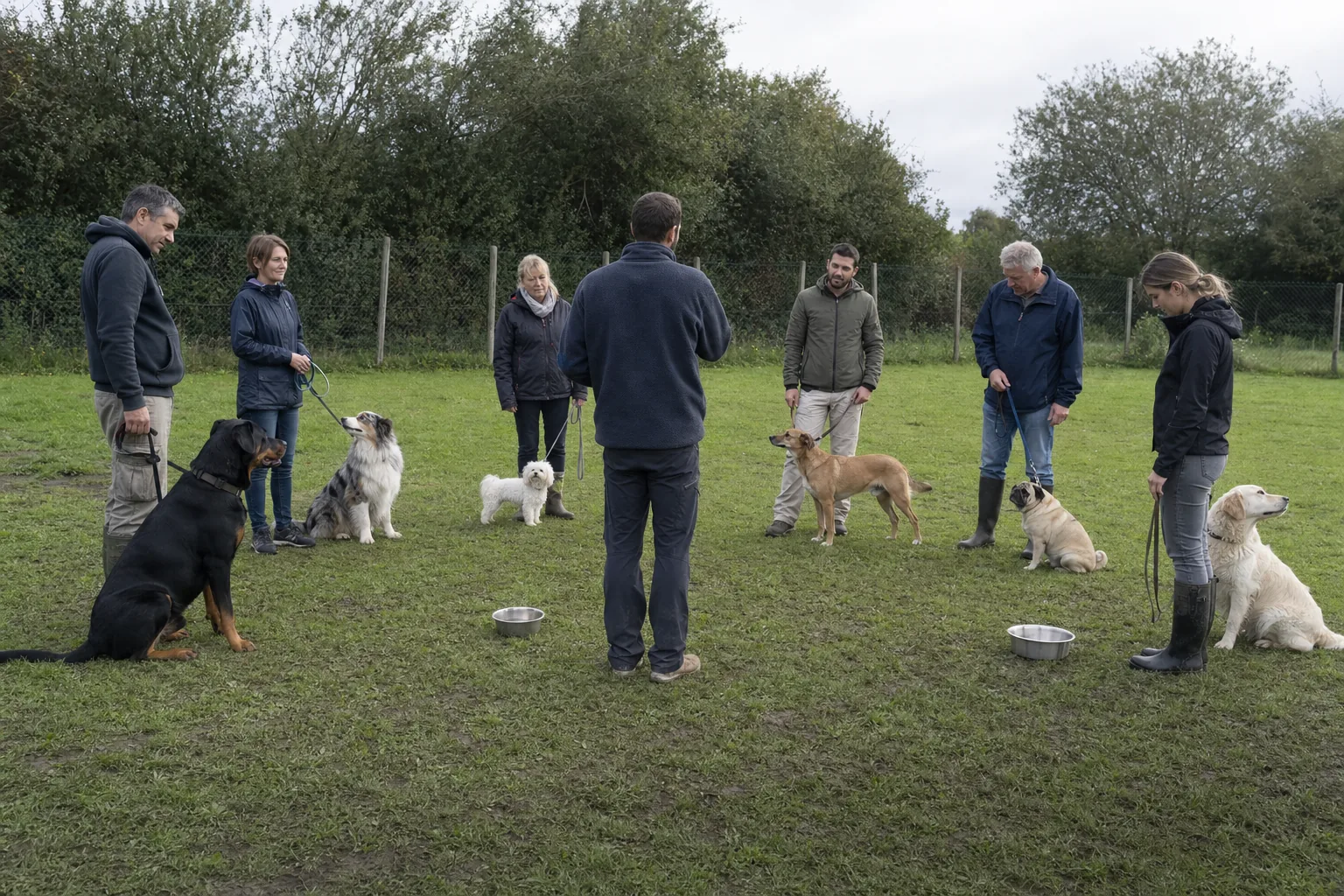Cours d’éducation canine en plein air sur un terrain de club, sept maîtres en arc de cercle autour d’un éducateur de dos, avec des chiens de races et de tailles très différentes tenus en laisse