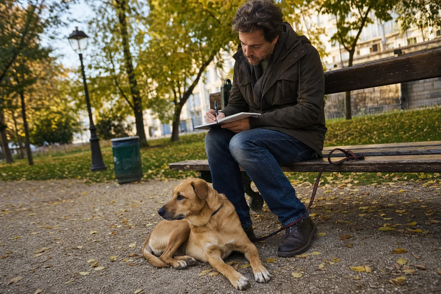 Homme assis sur un banc de parc en automne, carnet ouvert sur les genoux et stylo à la main, son chien croisé fauve couché sur le gravier à ses pieds
