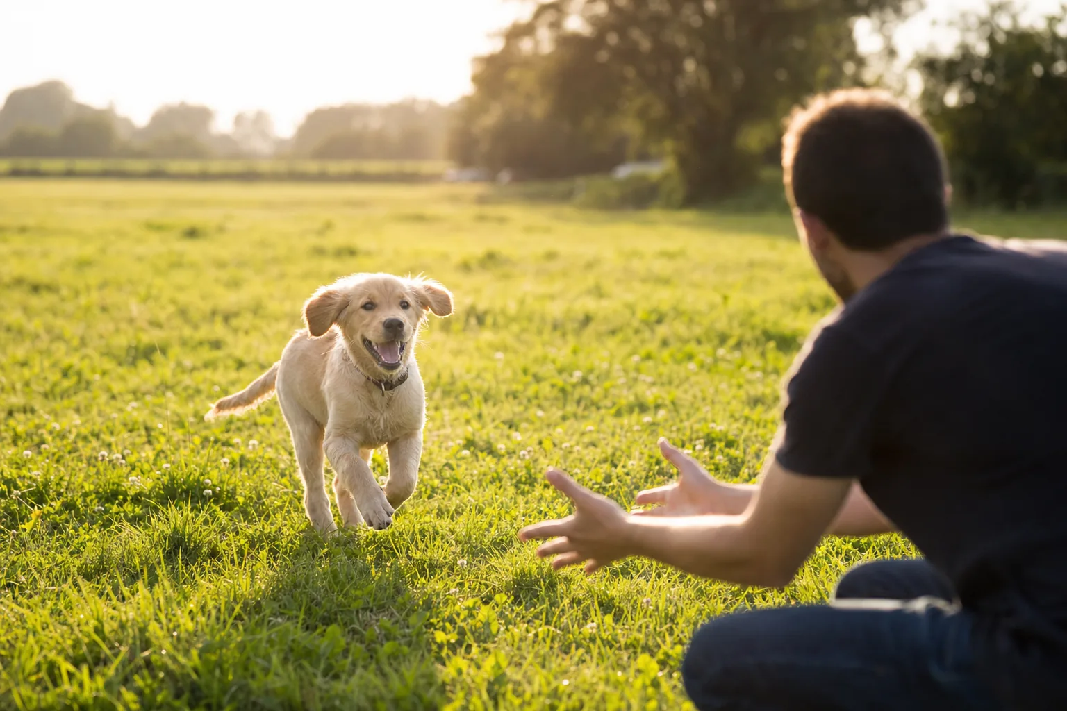 Chien accourant vers son maître dans un pré