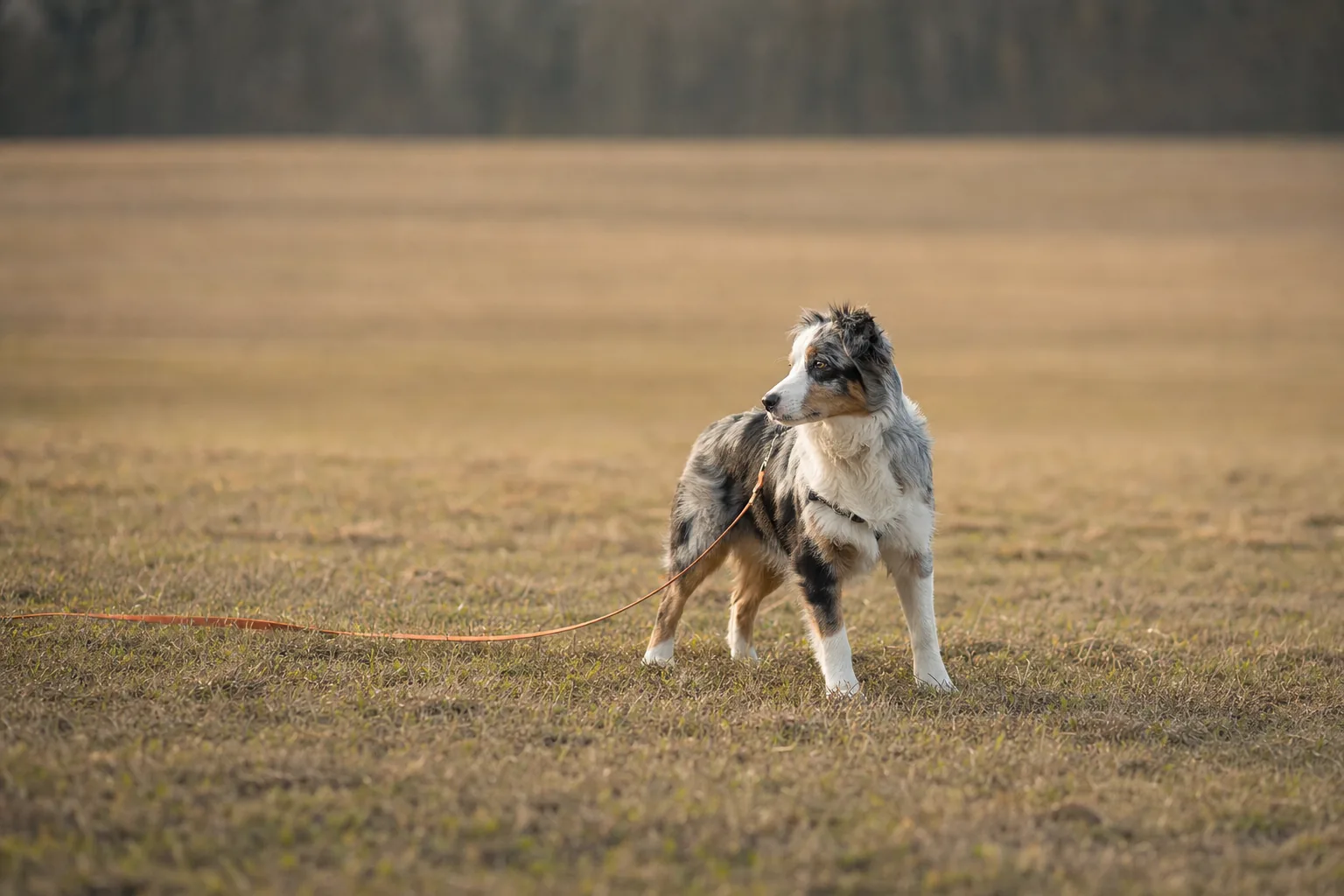 Chien à la longe lors d'un exercice de rappel