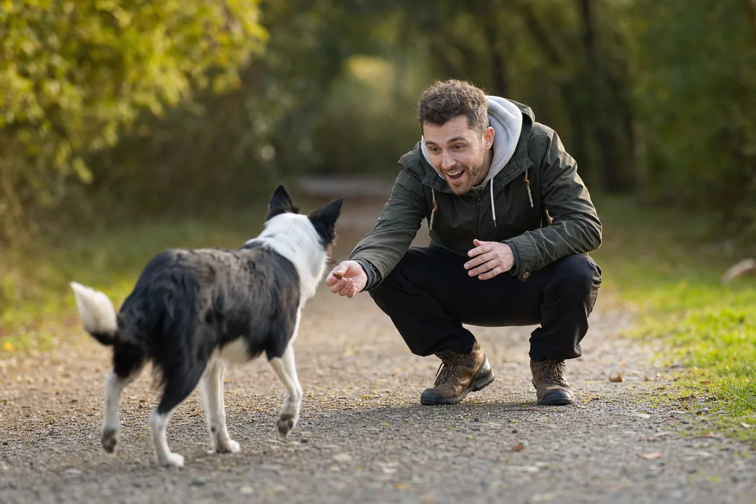 Maître accueillant son chien au rappel avec une friandise