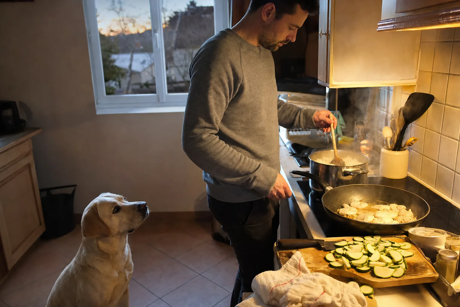 Un homme fait cuire du riz et du poulet dans sa cuisine en fin de journée, son labrador assis à ses pieds le regarde