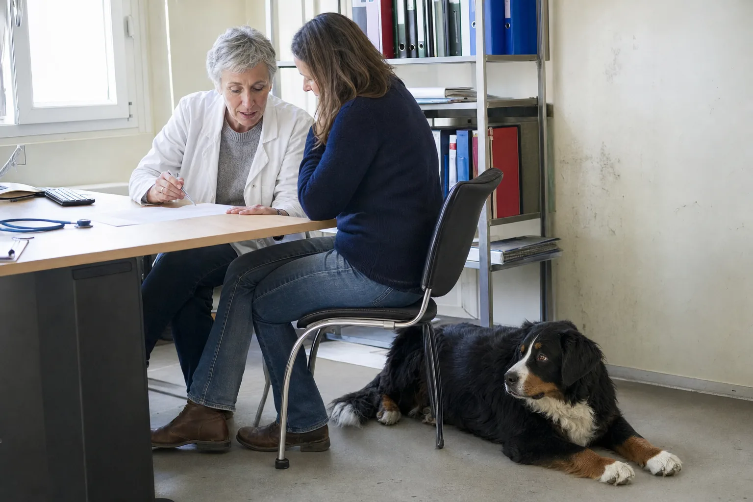 Une vétérinaire et une propriétaire étudient une feuille à un bureau, un bouvier bernois couché près de la chaise
