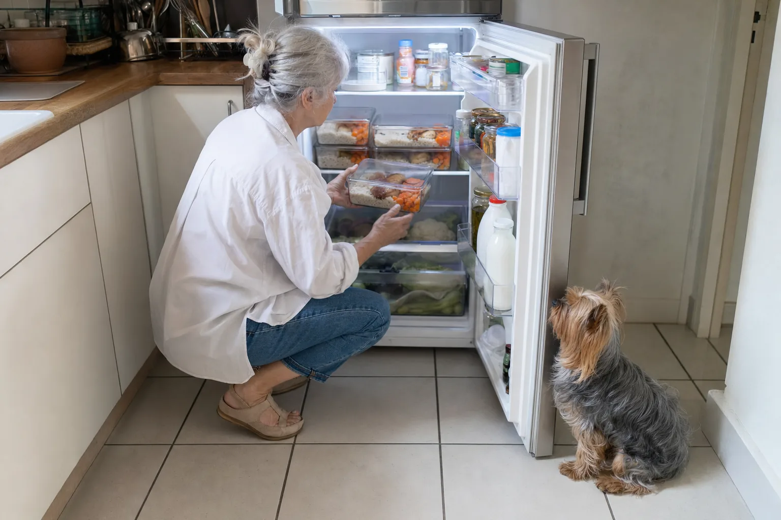 Une femme range des portions de riz, de viande et de carottes au réfrigérateur sous le regard de son yorkshire
