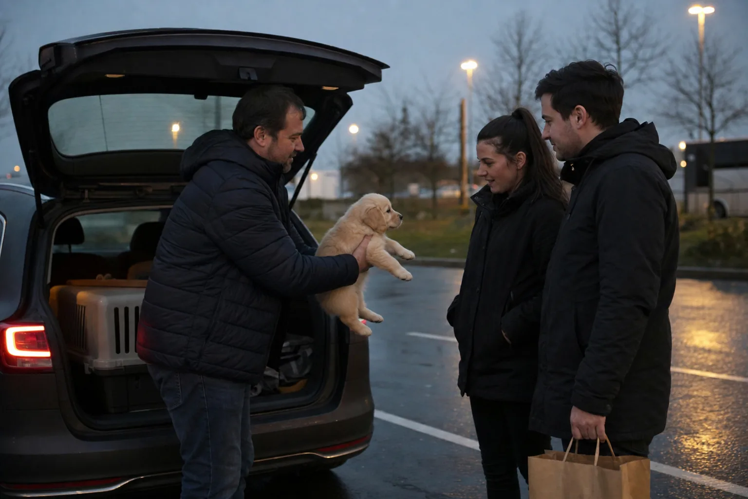 Sur un parking au crépuscule, un homme tient un chiot devant le coffre ouvert de sa voiture face à un couple