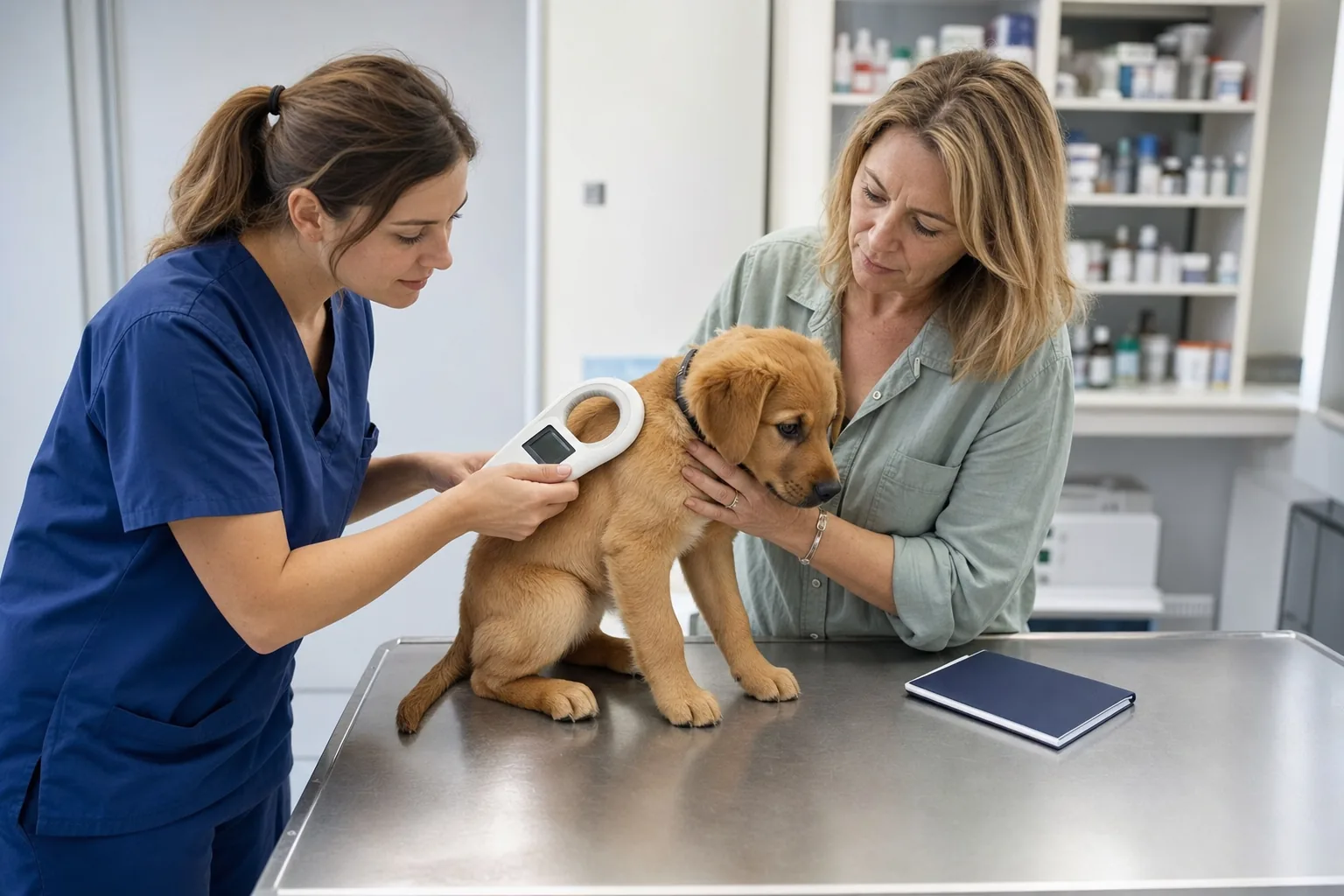 Une vétérinaire passe un lecteur de puce sur le cou d’un chiot maintenu sur la table par sa propriétaire