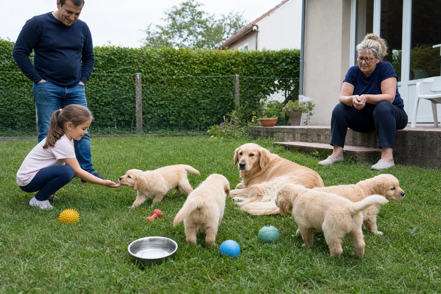 Dans un jardin, une enfant accompagnée de son père approche des chiots golden retriever auprès de leur mère et de l’éleveuse