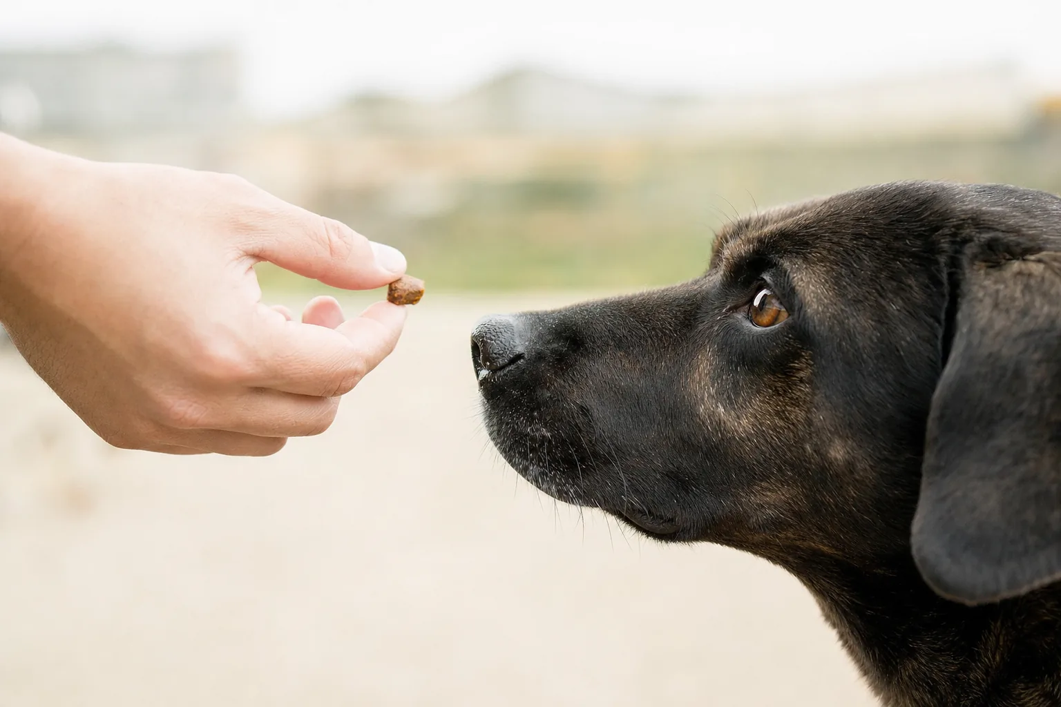 Main tendant une friandise à un chien attentif lors d'une séance d'éducation