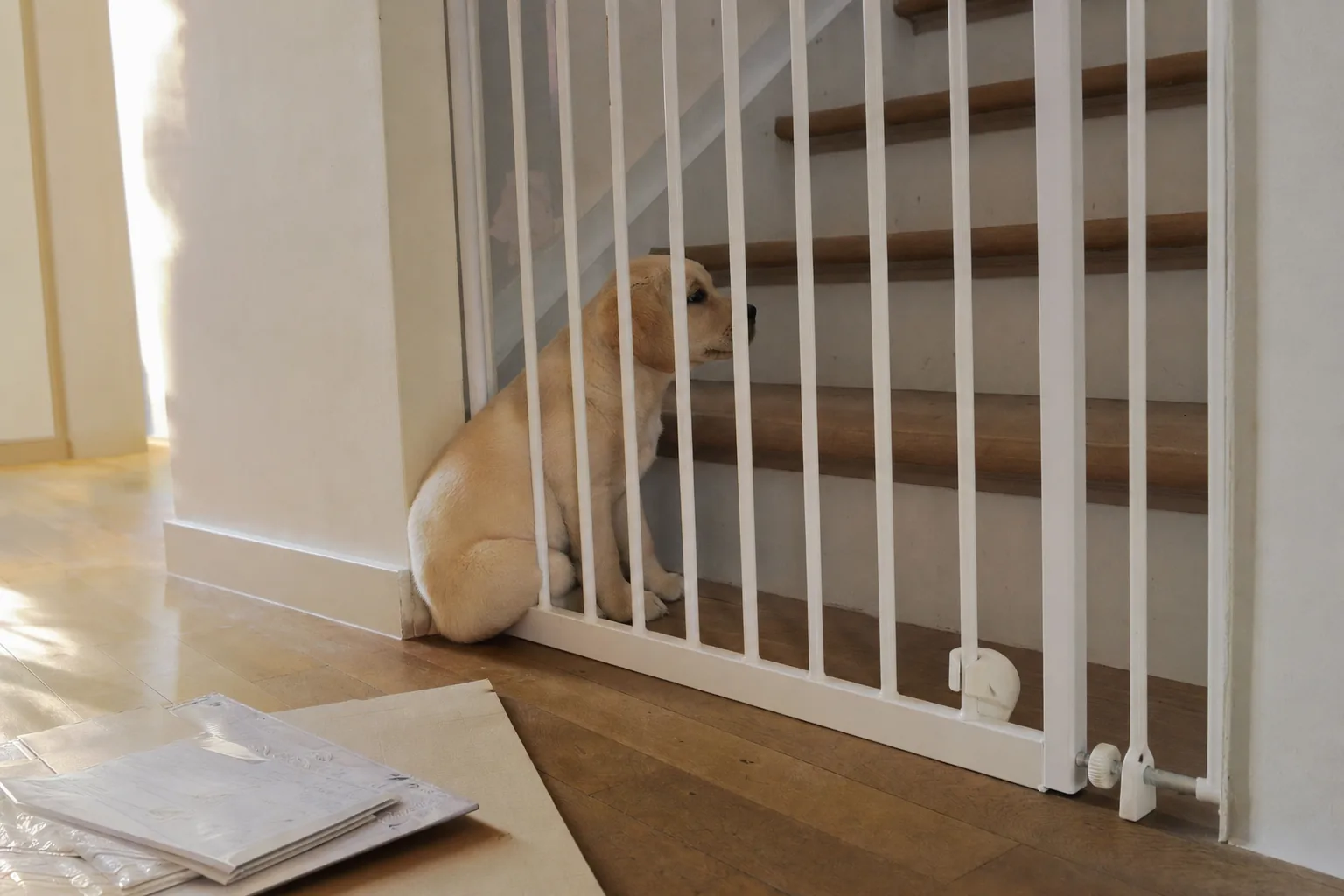 Une barrière de sécurité blanche installée au pied d’un escalier en bois, un chiot labrador sable assis derrière les barreaux, l’emballage de la barrière encore posé sur le parquet