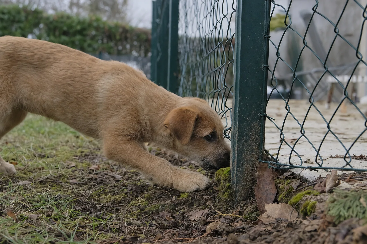 Un chiot croisé au poil fauve, museau au ras du sol, flaire l’espace entre le bas d’un grillage de jardin et la terre, au pied d’un piquet vert