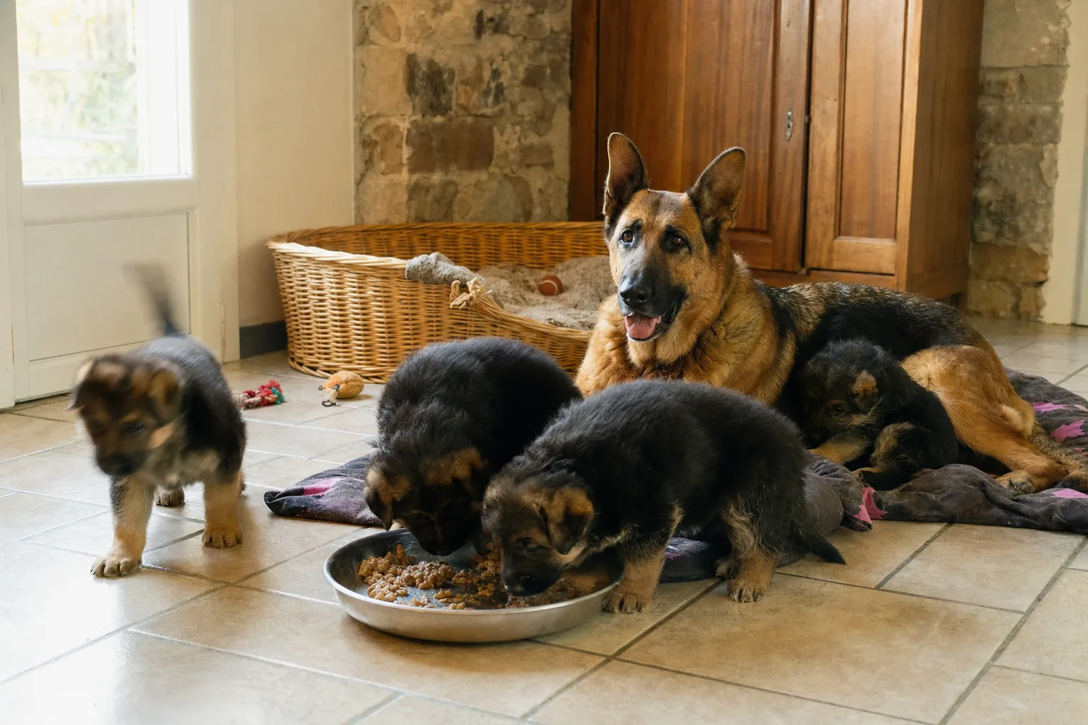 Chienne berger allemand couchée près de sa portée, deux chiots de six semaines mangent des croquettes dans une gamelle plate