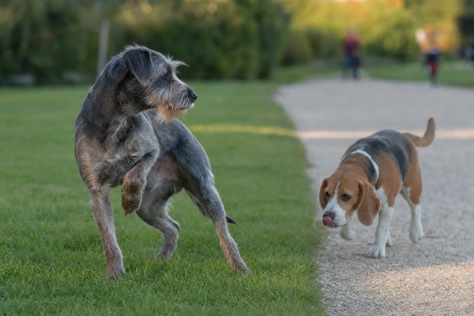 Dans un parc, un chien gris à poil dur arrêté patte avant levée et tête tournée, face à un beagle qui approche lentement en se léchant la truffe