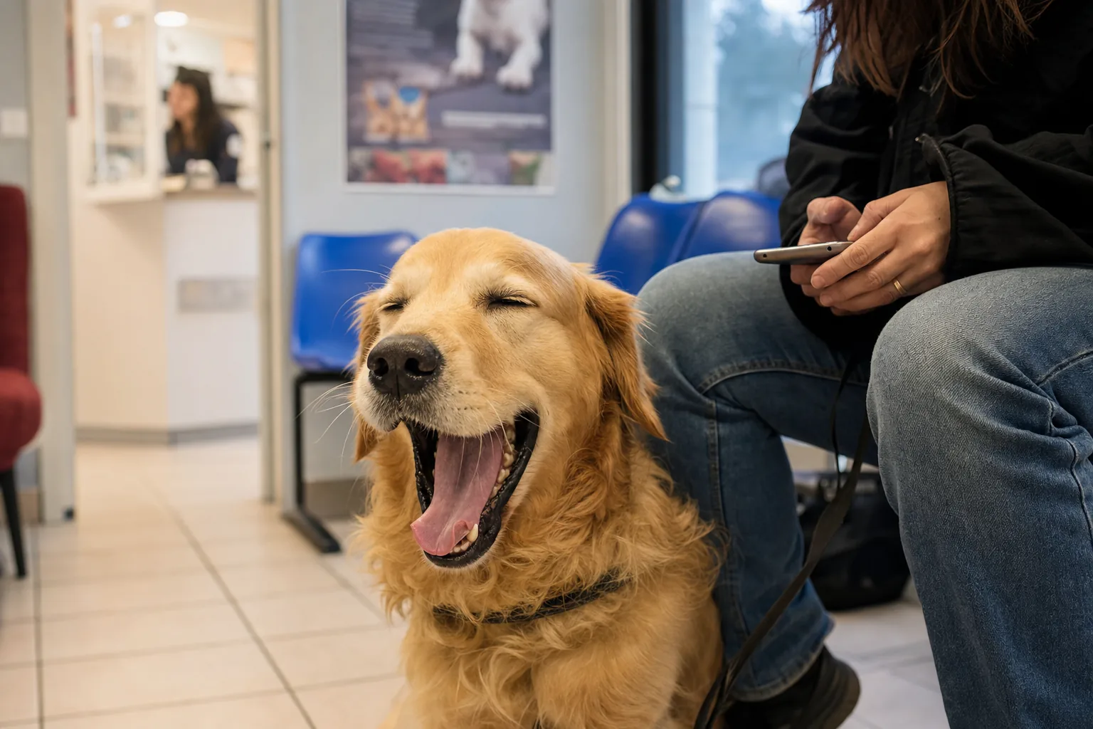 Golden retriever assis qui bâille largement dans une salle d’attente vétérinaire, sa maîtresse regarde son téléphone sans le voir