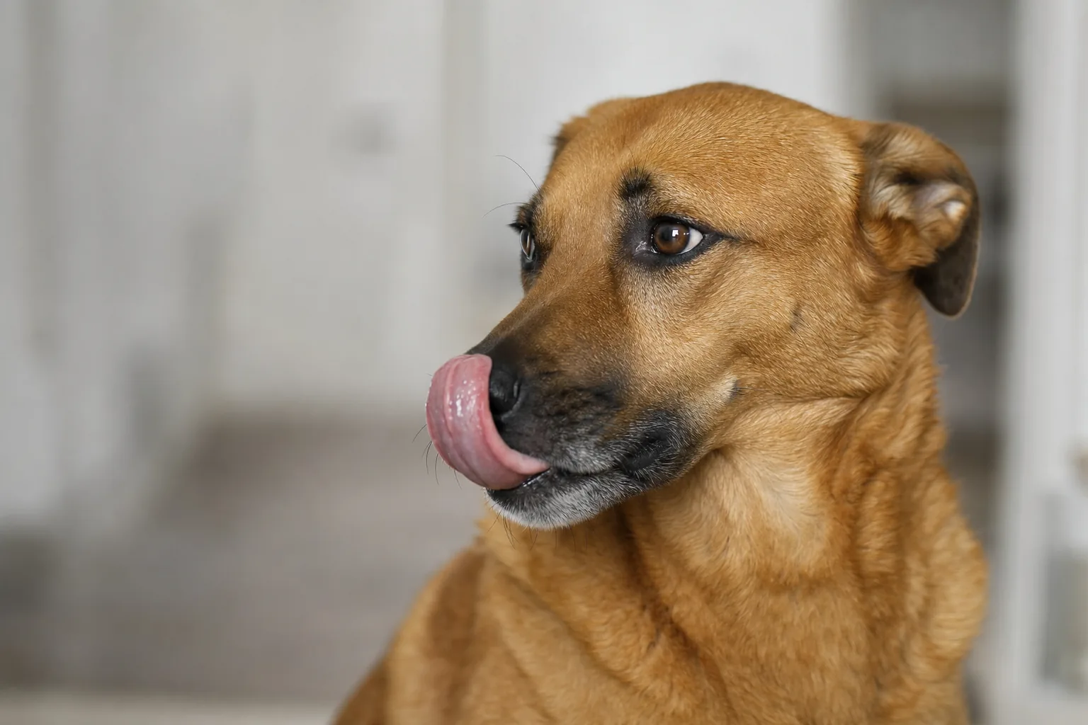 Chien fauve se léchant la truffe, tête légèrement détournée, signe de tension