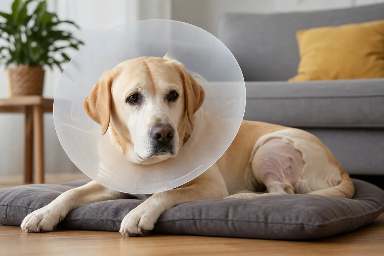 Labrador portant une collerette de convalescence allongé calmement sur son couchage dans un salon